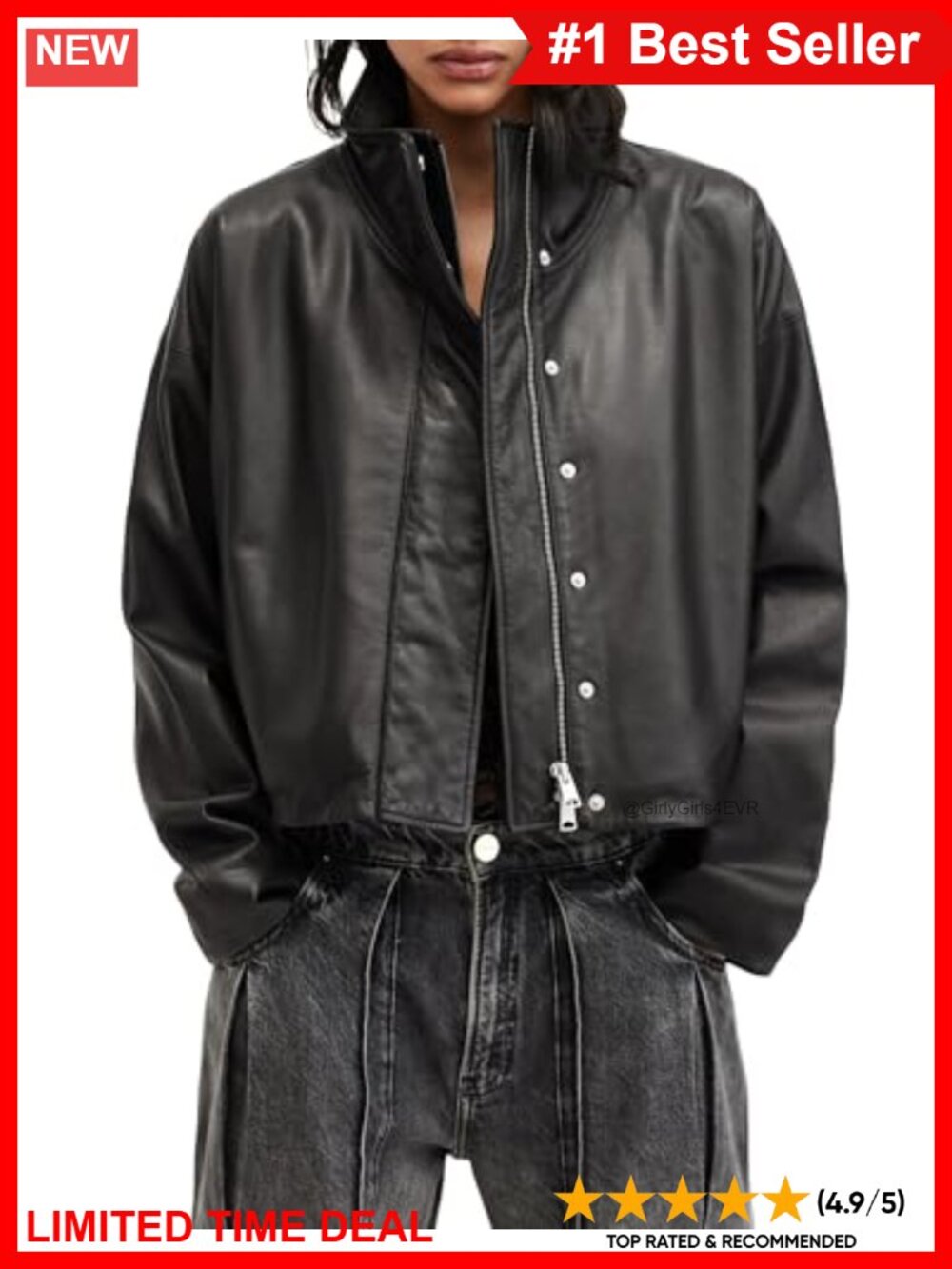 100% Leather Ryder Jacket Relaxed Funnel Neck Moto Biker Long Sleeve